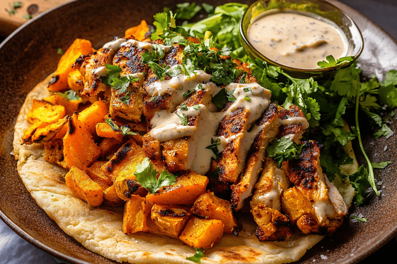 Curry Chicken Gyro and Tahini Sweet Potatoes