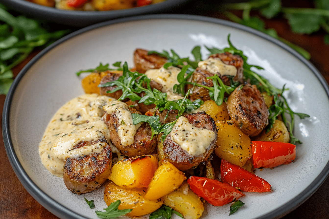 Sausage, Potatoes, and Peppers with Mustard Aioli