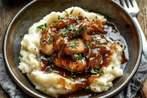 Bangers and Mash with Stout Onion Gravy