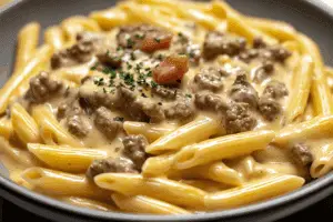 Creamy Velveeta Beef Stroganoff and Penne Pasta