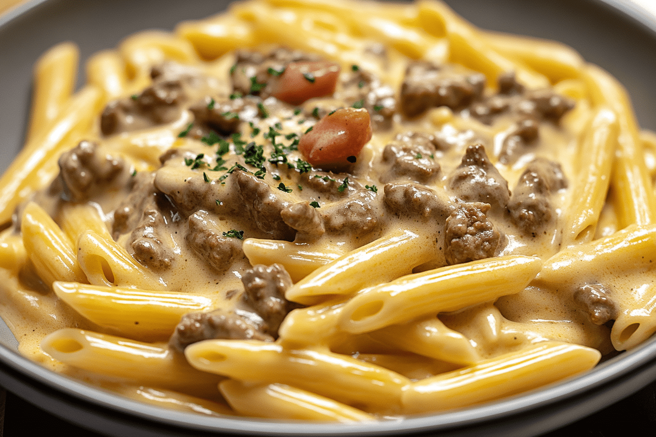 Creamy Velveeta Beef Stroganoff and Penne Pasta