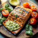 Honey Mustard Grilled Salmon with Avocado Basil Sauce.