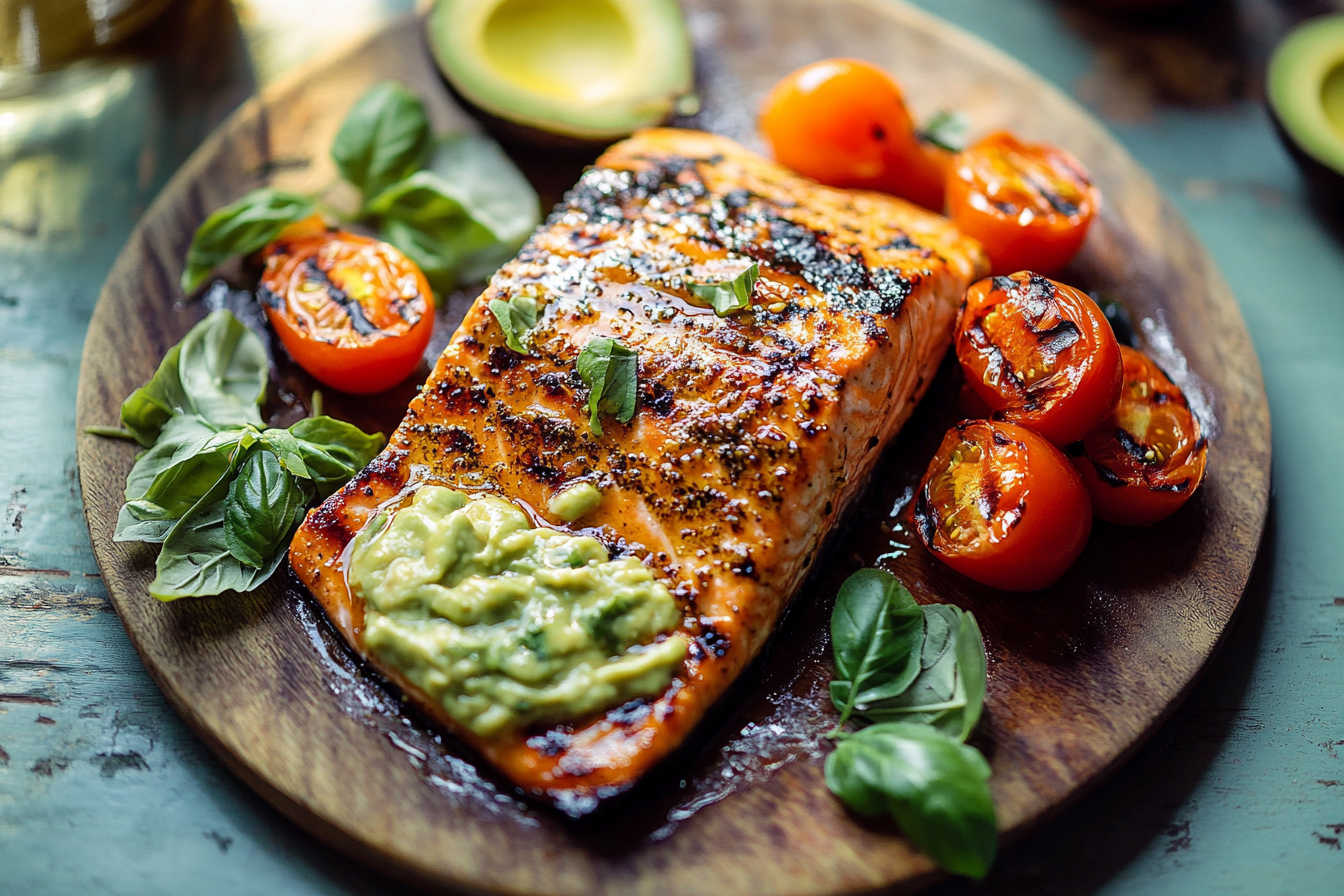 Honey Mustard Grilled Salmon with Avocado Basil Sauce.