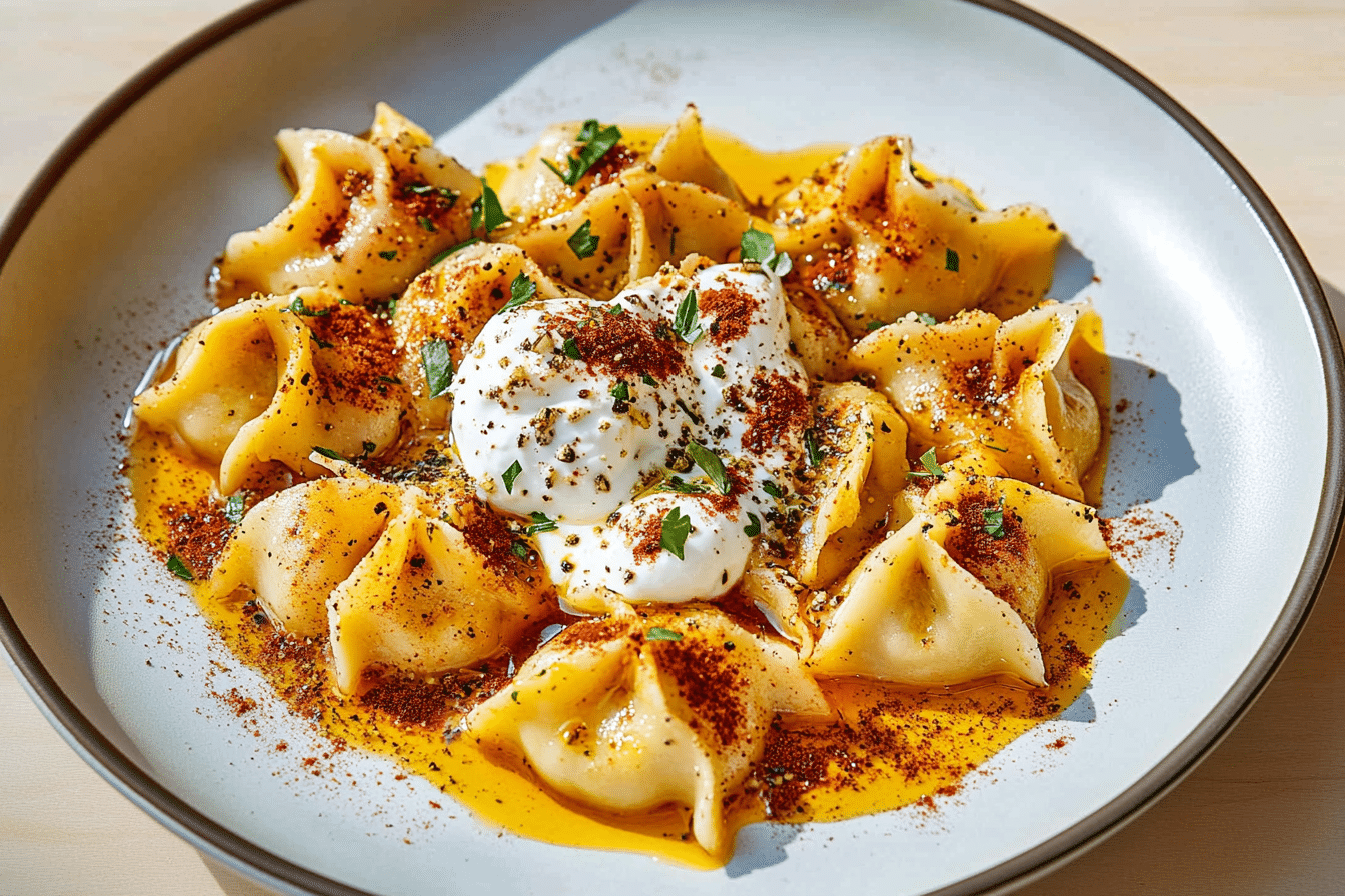 Manti Turkish Dumplings with Garlicky Yogurt and Spiced Oil
