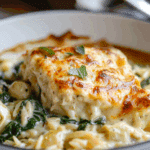 One Pan Creamy Spinach and Artichoke Orzo Bake