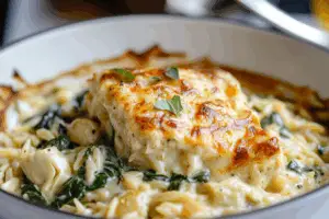One Pan Creamy Spinach and Artichoke Orzo Bake