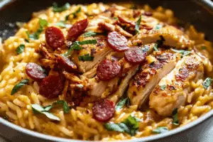One pot chicken risoni with crispy salami