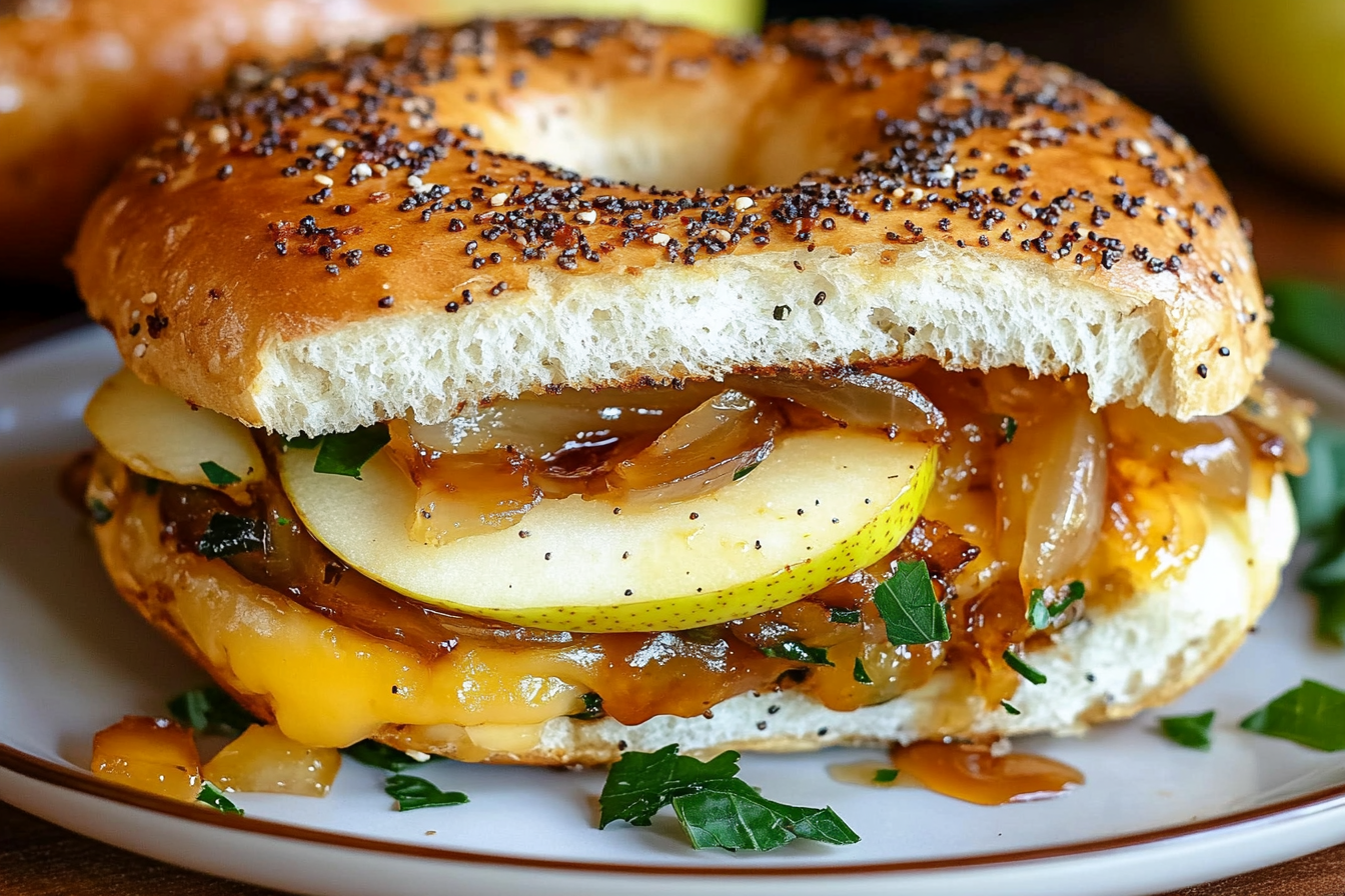 Pear Apple Cheddar Caramelized Onion Grilled Cheese Bagel Sandwich