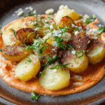 Pecorino Garlic Potatoes over Harissa Mayo