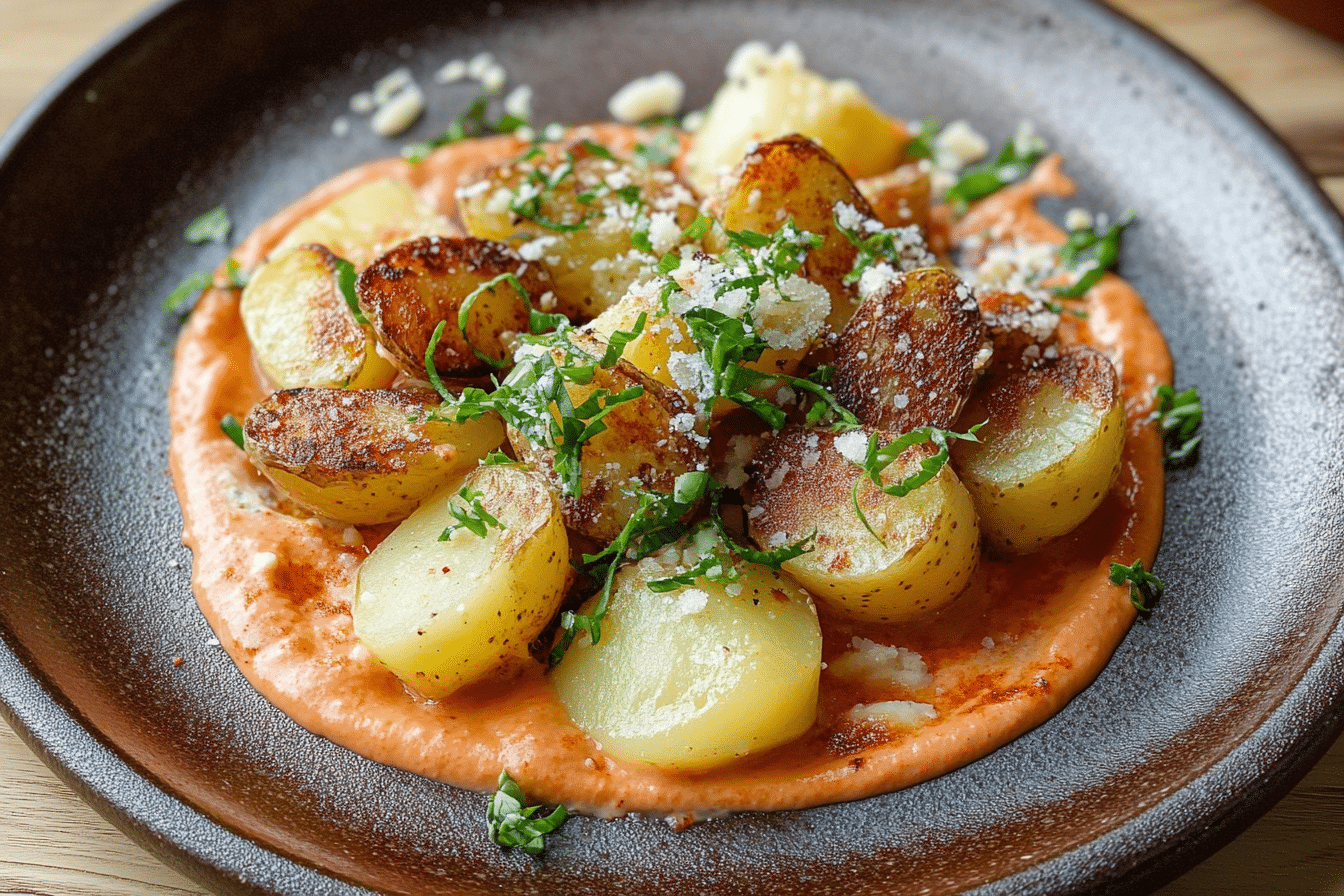 Pecorino Garlic Potatoes over Harissa Mayo