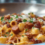 15 Minute Sausage, Chorizo, Sun Dried Tomato and Mozzarella Pasta