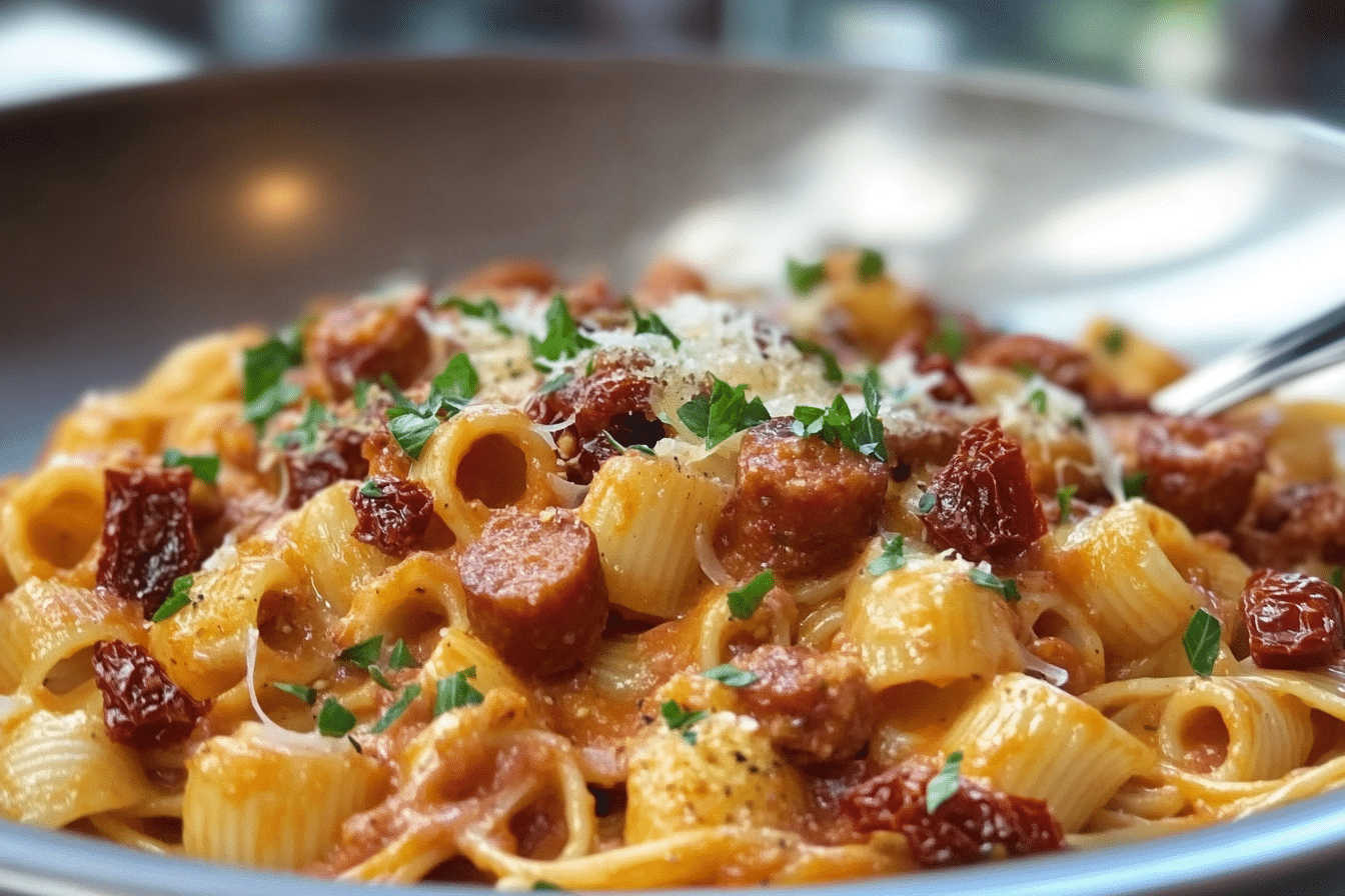 15 Minute Sausage, Chorizo, Sun Dried Tomato and Mozzarella Pasta
