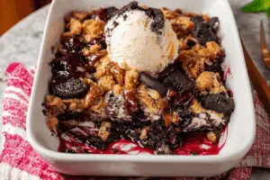 Enjoying a slice of warm Oreo dump cake