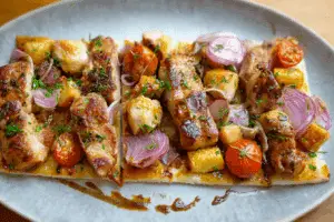 Sliced hot honey chicken pizza served