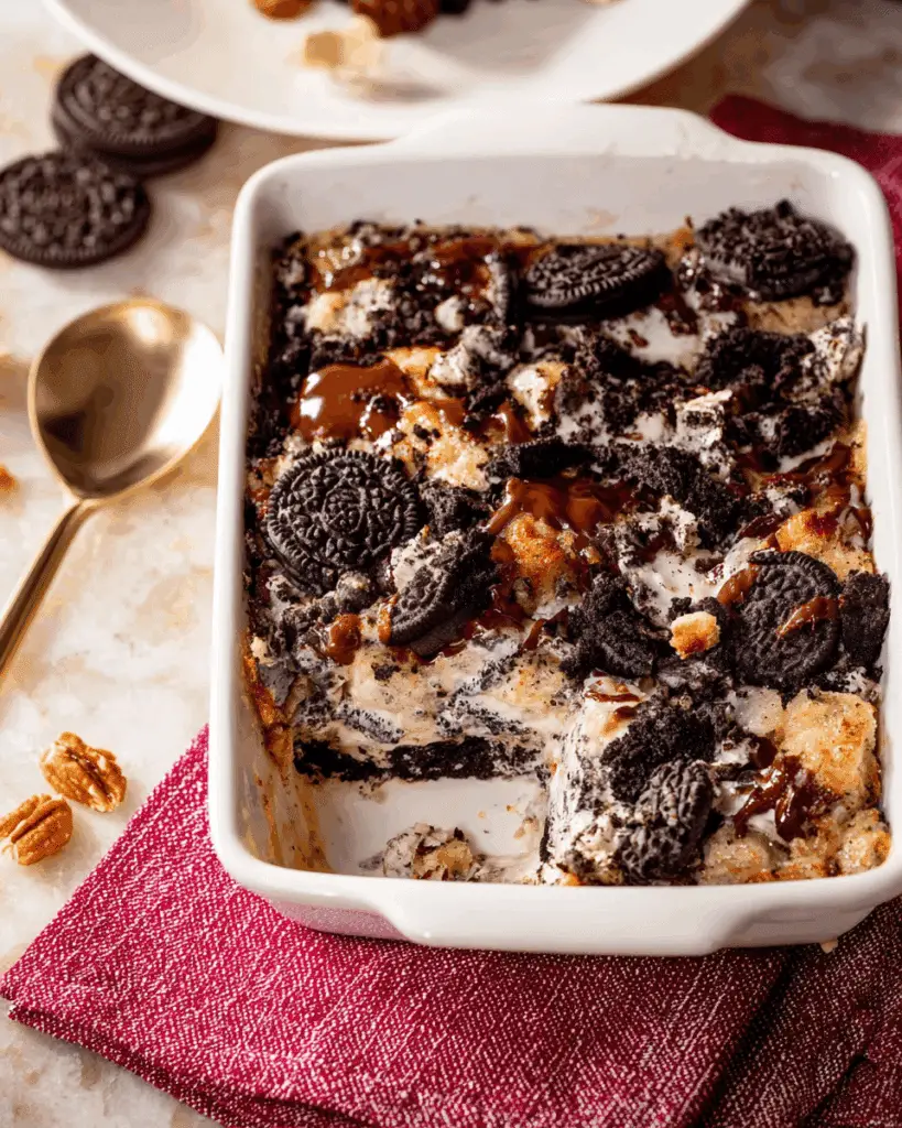 Freshly baked Oreo dump cake ready to serve