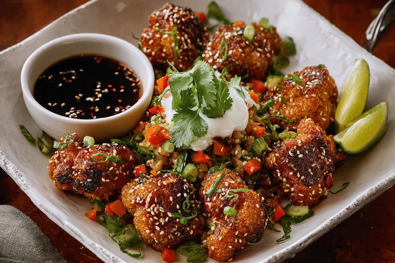 Plate of Crunchy Teriyaki Cauliflower Wings fresh out of the oven