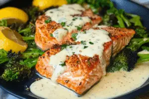 Baked Salmon with Creamy Garlic Sauce