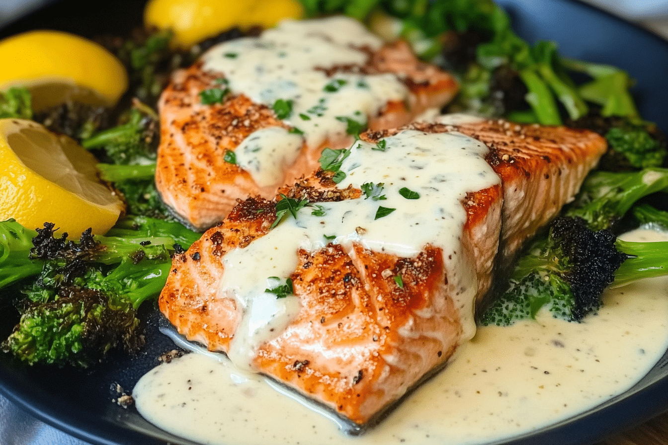 Baked Salmon with Creamy Garlic Sauce