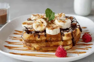 caramelized coconut banana bread waffle french toast
