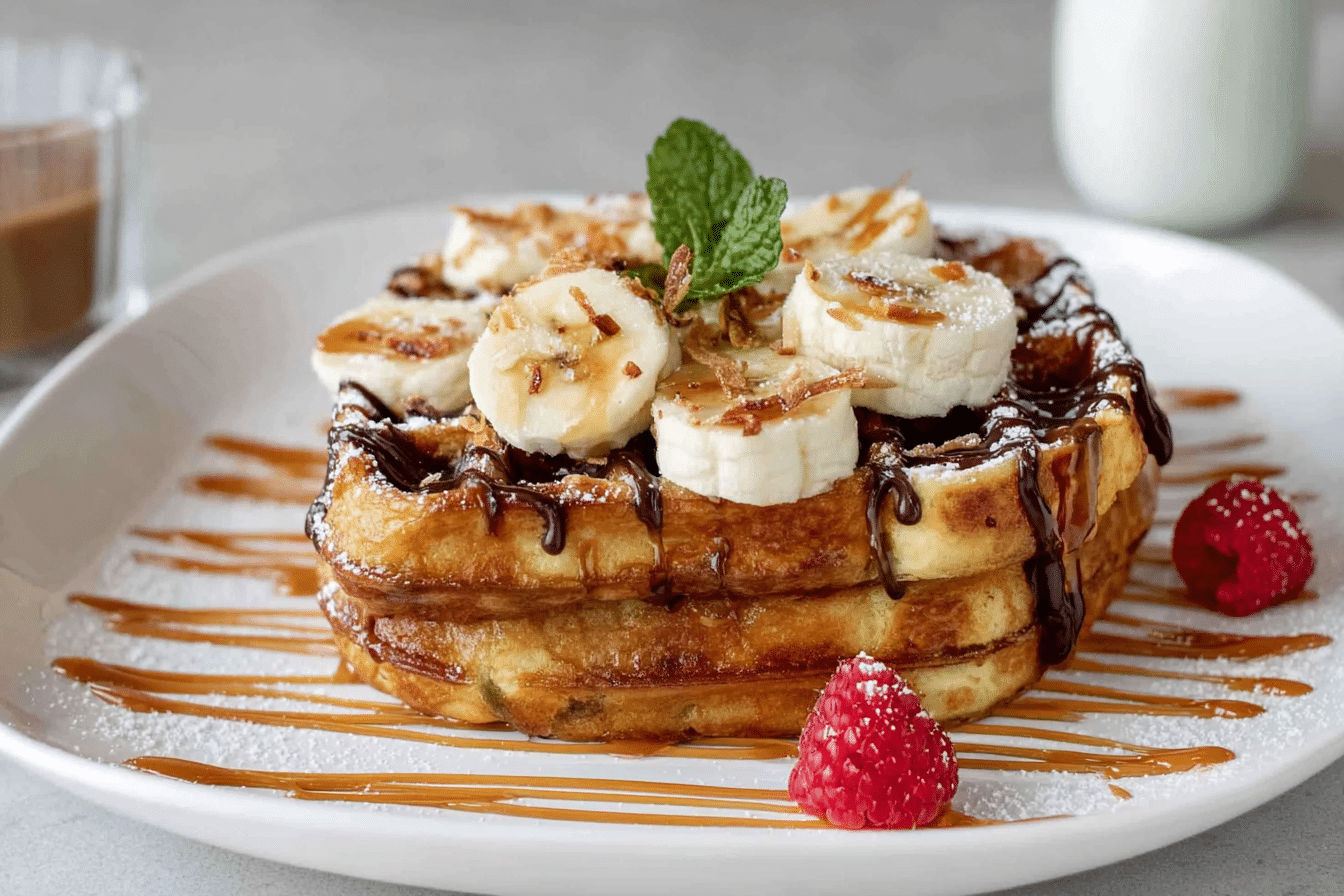caramelized coconut banana bread waffle french toast