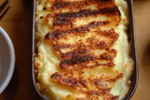 Cheesy, creamy mashed potatoes topped with garlic parmesan potato gratin