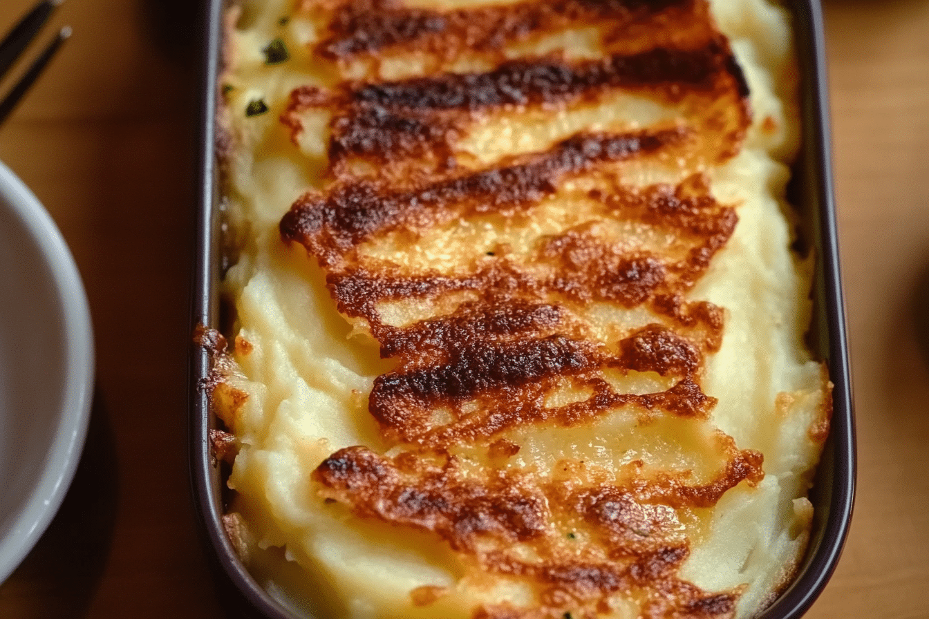 Cheesy, creamy mashed potatoes topped with garlic parmesan potato gratin