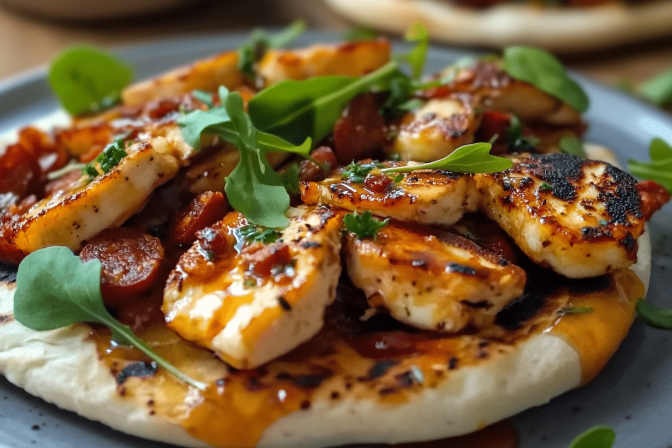 Chicken, Chorizo, and Hot Honey Halloumi Flatbreads and Bagels