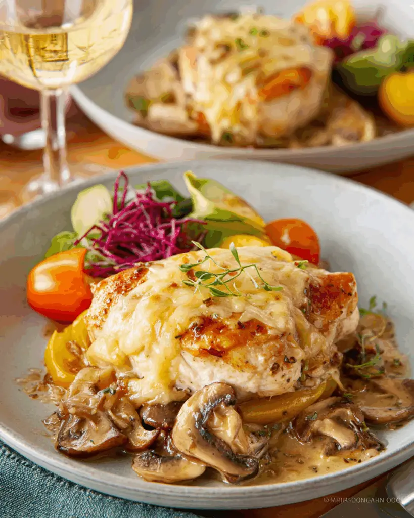 Browning chicken and cooking mushrooms for Chicken Gloria casserole