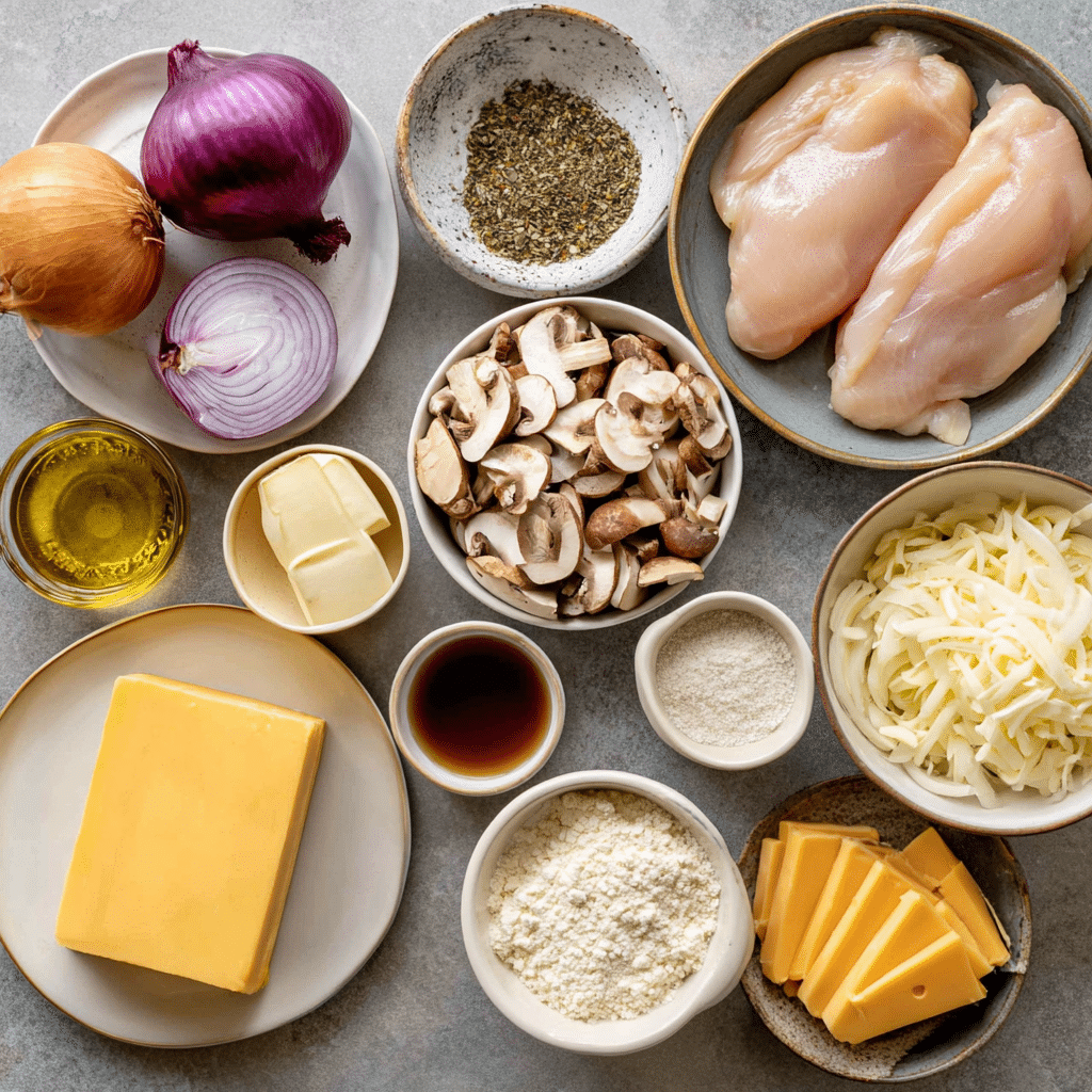 Ingredients for Chicken Gloria recipe including chicken, mushrooms, and cheese