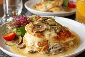Chicken Gloria creamy casserole in white baking dish