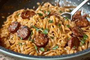 Creamy Spicy Garlic Noodles with Sausage