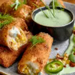 Crispy and cheesy elote egg rolls served hot