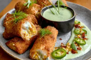 Crispy and cheesy elote egg rolls served hot