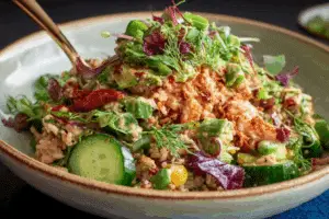 Crispy Gochujang Rice Salad with Fresh Herbs and Tahini Dressing