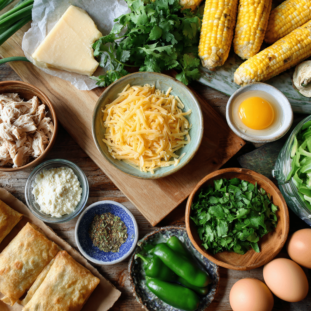 Elote egg roll filling ingredients flat lay