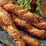 Authentic German soft pretzel sticks with mustard dip