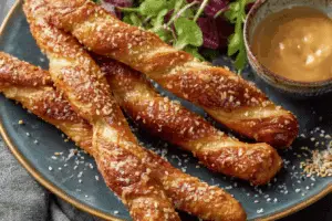 Authentic German soft pretzel sticks with mustard dip
