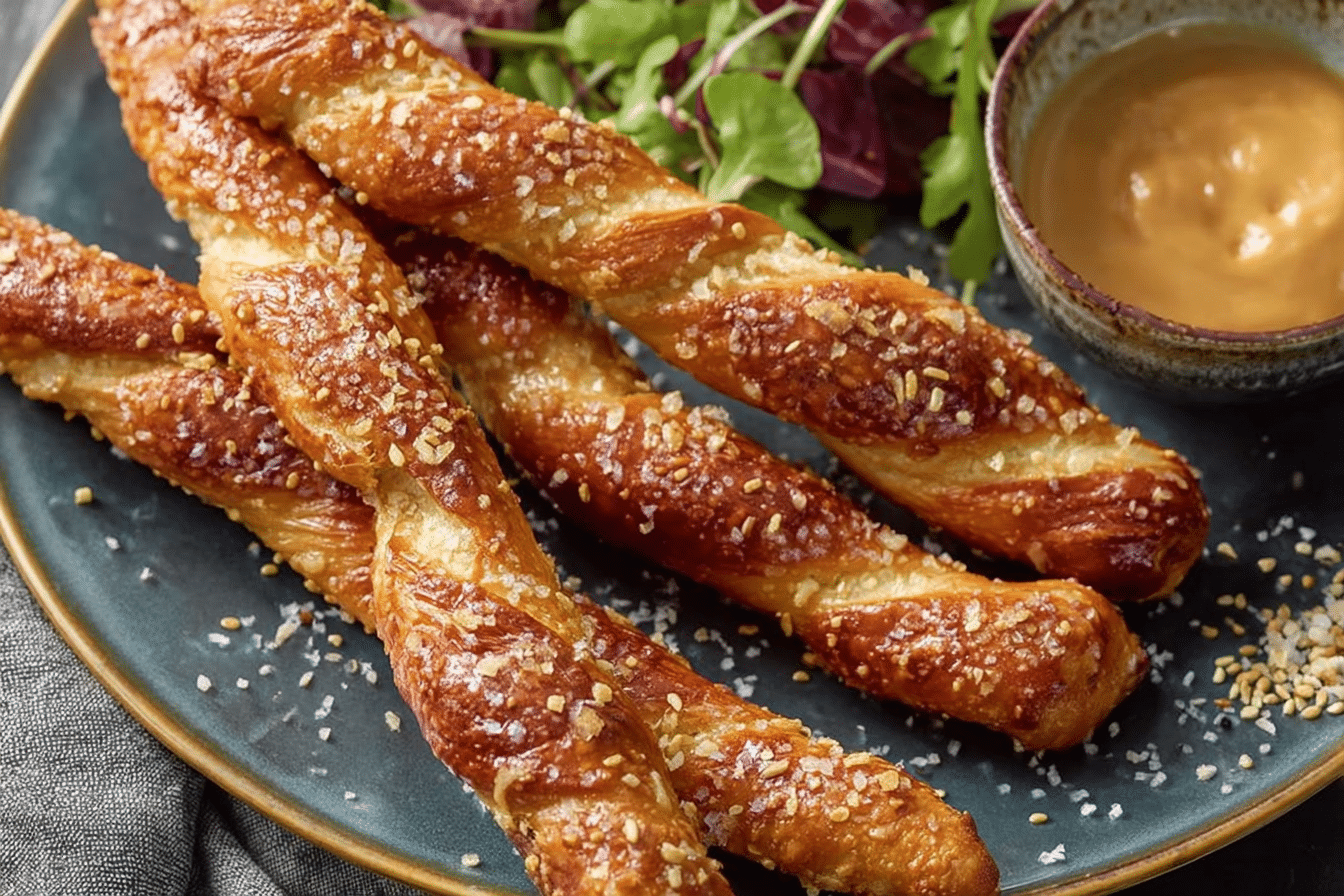 Authentic German soft pretzel sticks with mustard dip