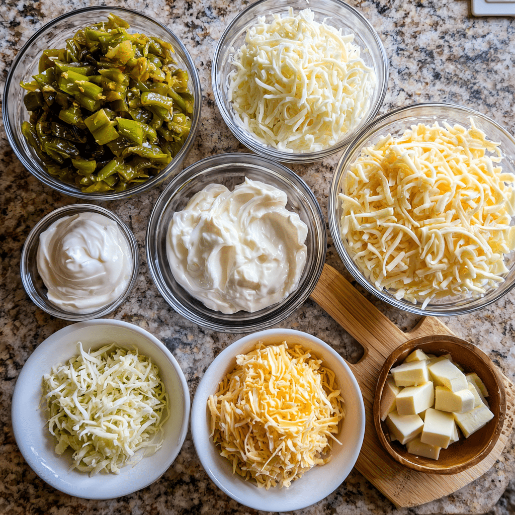 Ingredients for Hatch green chile cheese dip