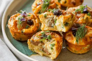 freshly baked sausage pancake muffins with sausage and cheese