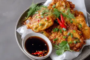 Onion and feta fritters with sweet chilli soy dipping sauce