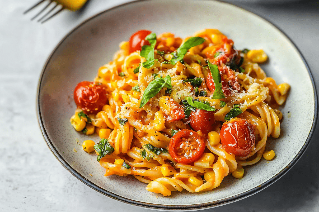 Pasta With Cherry Tomatoes, Roasted Red Peppers, And Corn