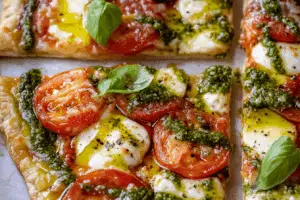 Pesto Caprese Puff Pastry Pizza.