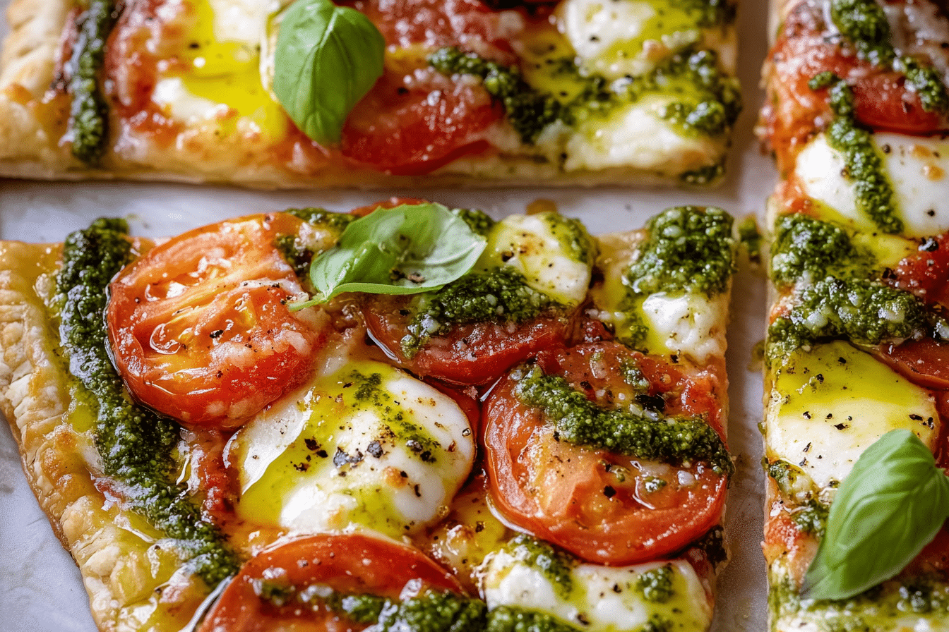 Pesto Caprese Puff Pastry Pizza.