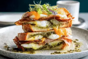 pesto eggs and crispy mortadella sandwich on toasted ciabatta