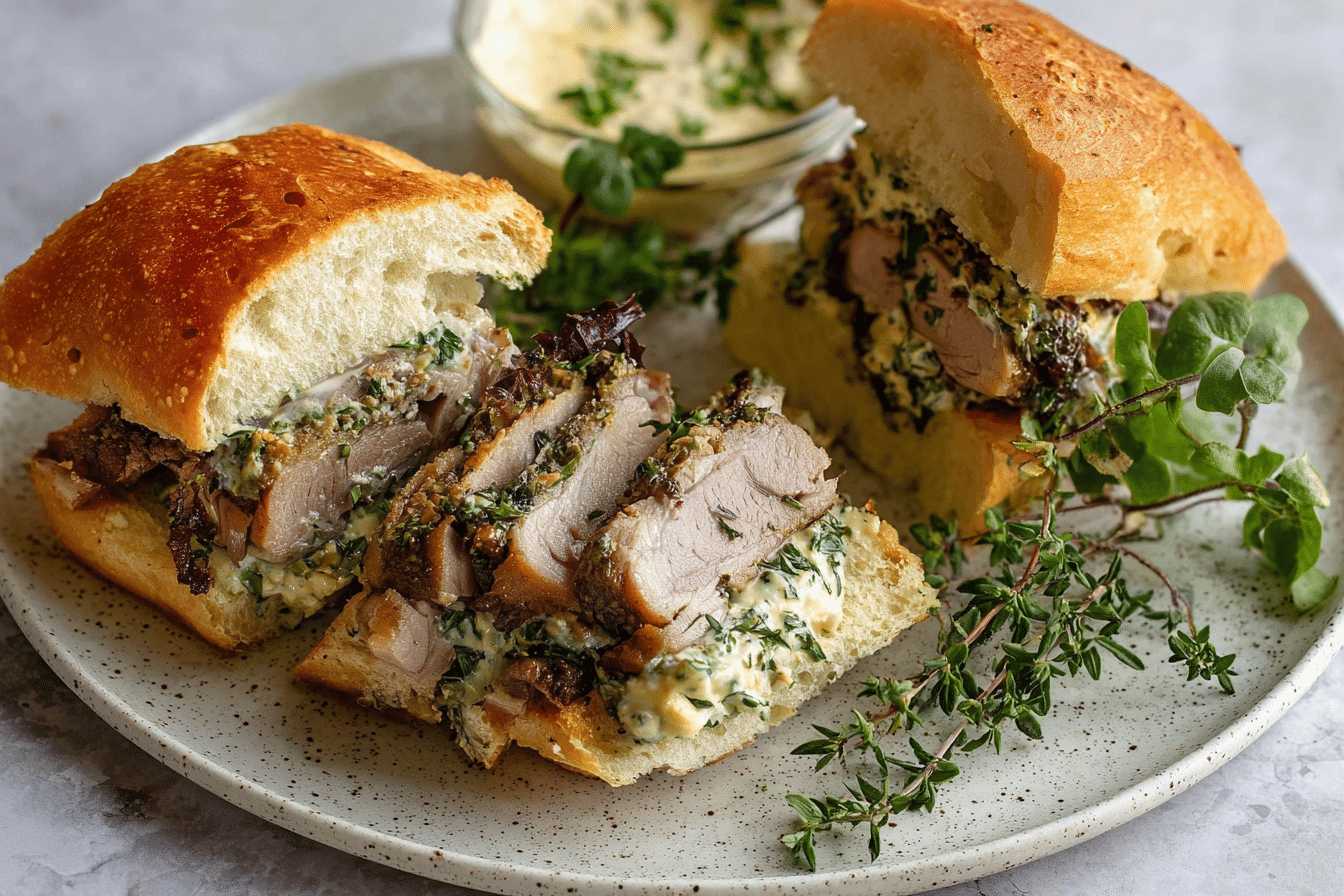 Porchetta Sandwiches with Garlic Herb Mayo.