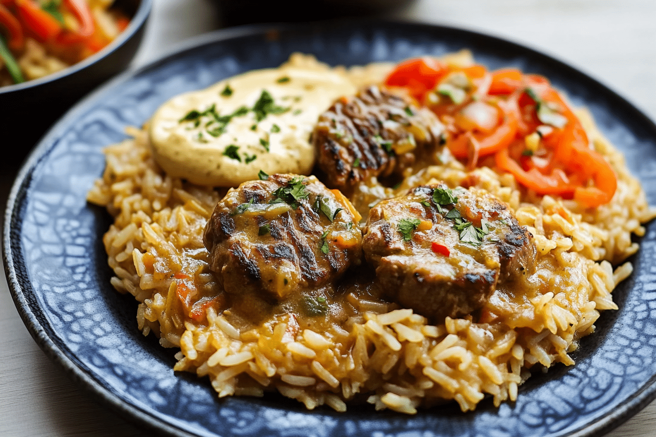 Rice with Beef Tenderloin and Pepper Sauce