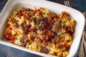 Sausage Mac and Cheese with Peppers and Onions