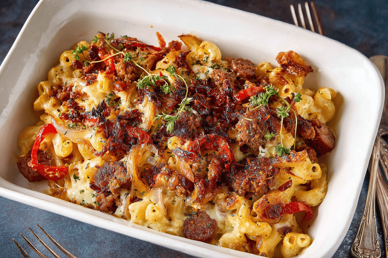 Sausage Mac and Cheese with Peppers and Onions