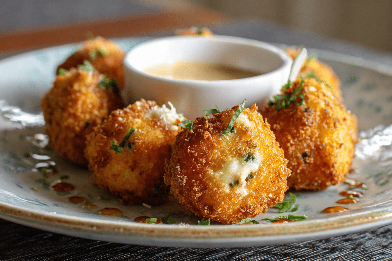 Smoked Gouda Fritters with Balsamic Honey Mustard Dipping Sauce